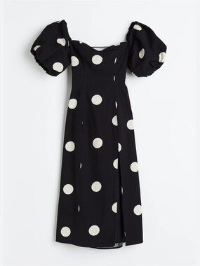H&M Linen Cotton Black Midi Dress with Cream Polka Dots